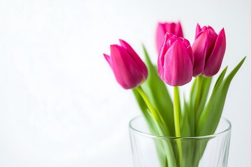 Fototapeta premium Vivid pink tulips in a glass vase, studio shot with white background. Floral art for spring