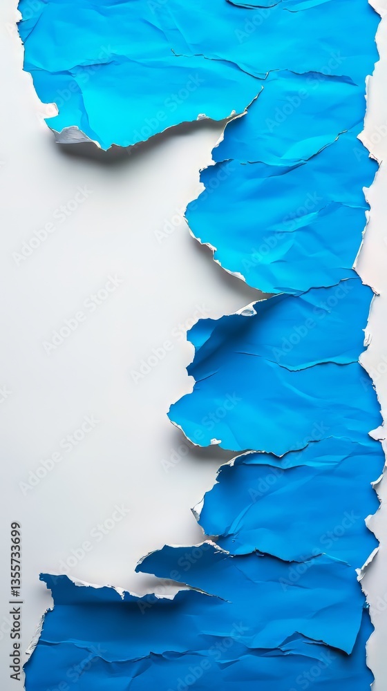 Poster torn blue paper creating abstract shapes and textures on a white surface, revealing layers and depth