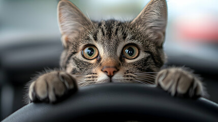 Adorable Brown Tabby Kitten Behind the Wheel