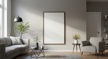 Modern Minimalist Living Room Interior Design with Blank Frame Mockup