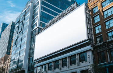 Blank White Billboard on an Ornate Building With Modern High Rise and Blue Sky