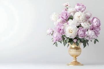 Naklejka premium Elegant peony bouquet in a golden vase against a bright white background, for home decor or gifting