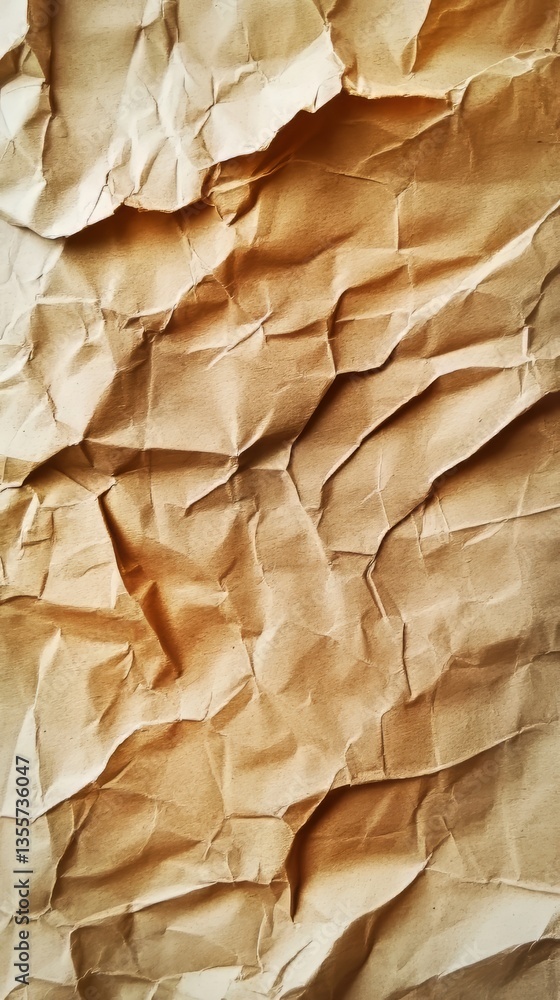 Poster wrinkled tan paper texture with strong shadows and folded surface for a textured background element.