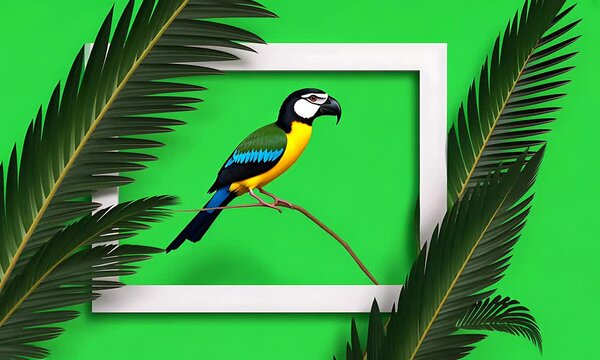 Green frame with a parrot perched in the bottom right corner