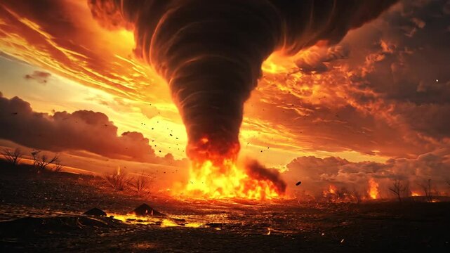Apocalyptic Fire Tornado Over Barren Landscape, Disaster, Destruction and Inferno Concept