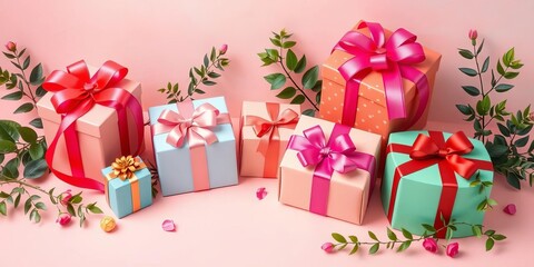 Pastel background, colorful gift boxes adorned with ribbons and lush greenery, anniversary, vibrant