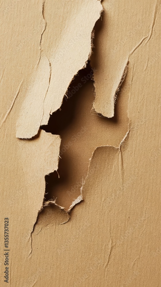 Poster torn tan paper revealing a darker layer, with rough edges and textured surface creating an abstract 