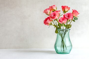 Pink roses in a green glass vase, sitting on a white surface, against a blurred background