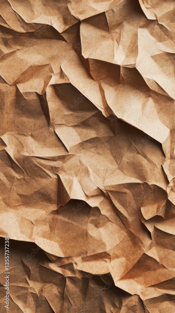 Poster textured surface of crumpled light brown paper creates abstract pattern with light and shadow interp