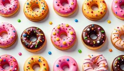 Fototapeta premium Seamless doughnut design with various flavored toppings, sugared, confectionery item, yummy