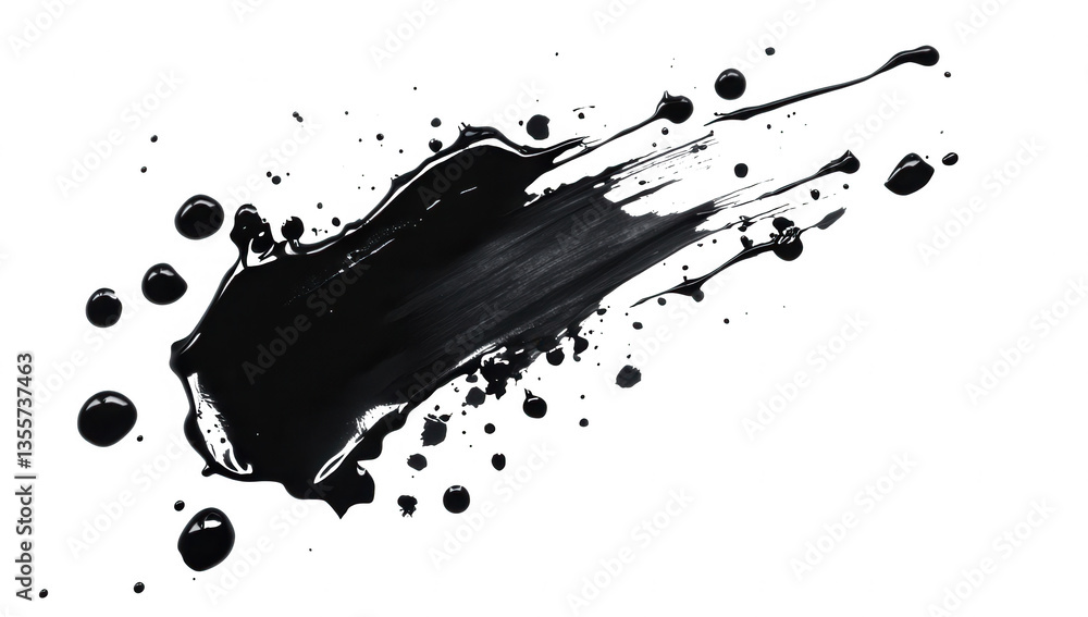 Poster a dynamic splash of black paint showcasing fluid movement and texture against a stark white backgrou