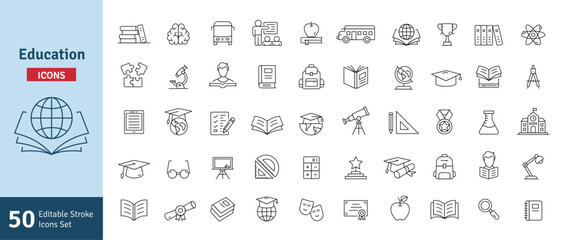 Education Line Icons Set. E-Learning, School, College, Study, Knowledge, Calculator, Graduation, Teaching Icons Editable Stroke Vector Illustration