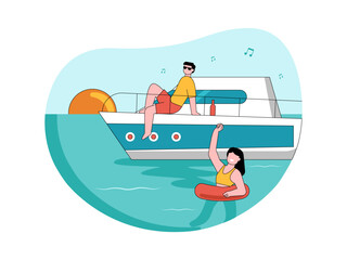 People on yacht illustration. Yacht illustration. Flat vector illustration concept.