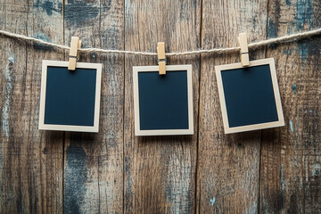 Three empty polaroid frames hanging on a rustic wood background ready for your photos