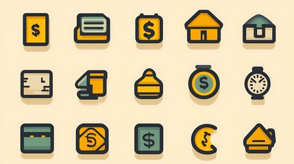 Various illustrated icons depicting concepts related to finances and money