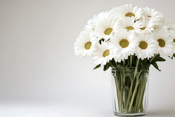 White daisies in glass vase, simple arrangement on white background. Possible use for decor