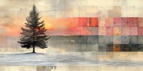 Evergreen tree stands alone in a snowy landscape at sunset
