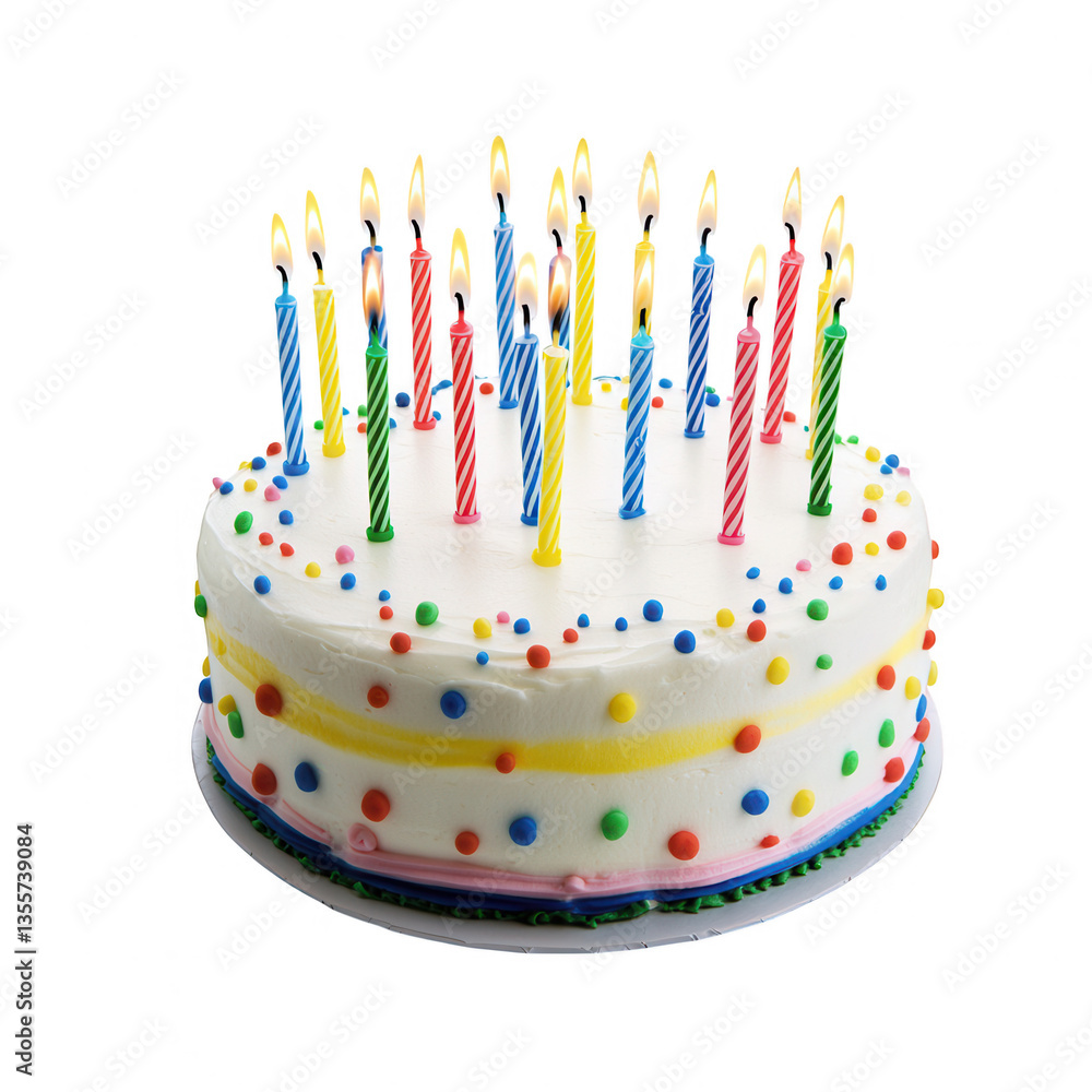 Poster a round decorated birthday cake with colorful frosting and multiple candles lit on top symbolizing a