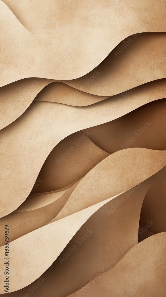 Poster abstract layers of textured tan paper in a repeating wave design with soft shadowing and neutral col