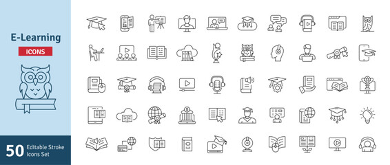 E-learning Line Icons Set. Education, Teaching, Online Study, Audiobook, Podcast, Video Course, Seminar, Library, Graduation Icons Editable Stroke Vector Illustration