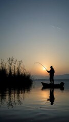 Silhouette of a fisherman on a lake	