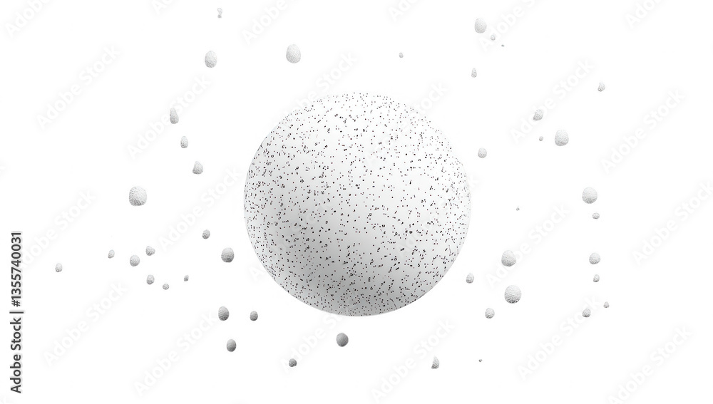 Poster a smooth white sphere surrounded by scattered tiny white particles on a minimalist background evokin