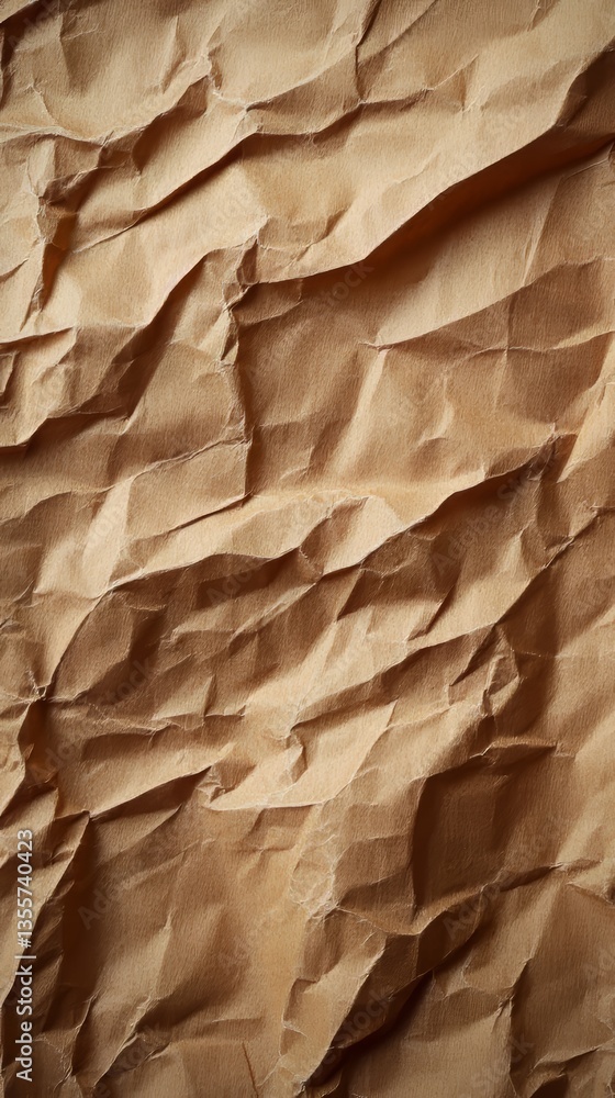 Aufkleber crumpled brown paper: a close-up view displaying the texture and shadows of the folds.