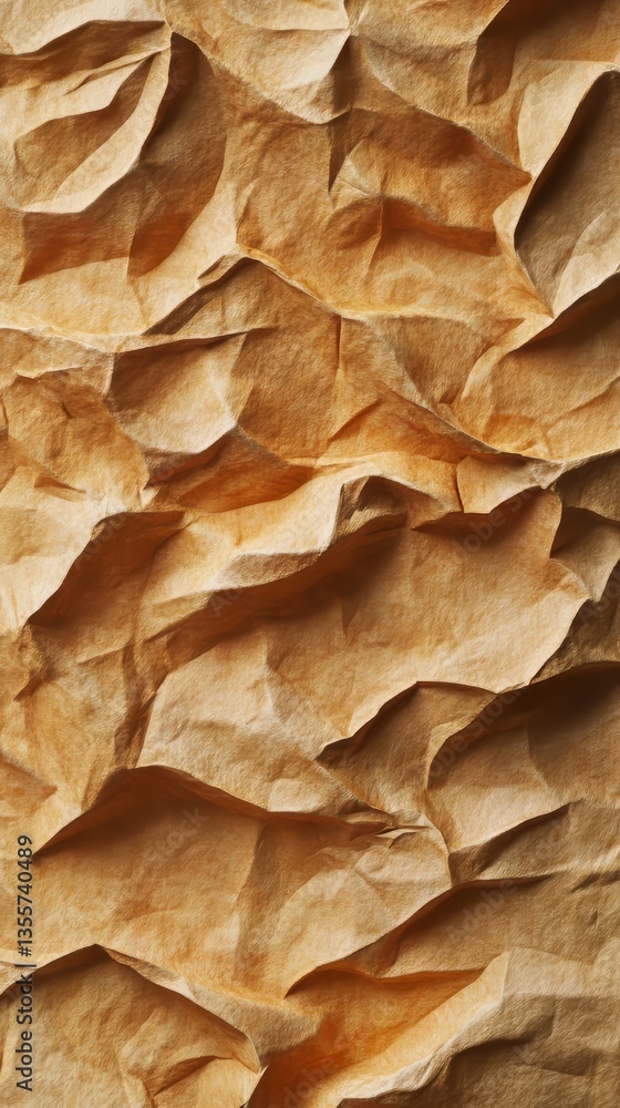 Poster abstract close-up of crumpled paper creates texture and depth in a warm, earthy tan color palette.