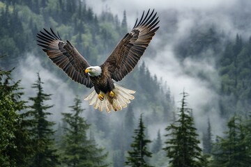 Majestic bald eagle in flight, wings spread wide against a misty mountain forest backdrop. A powerful symbol of freedom and nature.