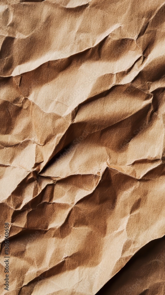 Aufkleber crumpled brown paper texture with strong shadows creating deep folds, perfect for background or over