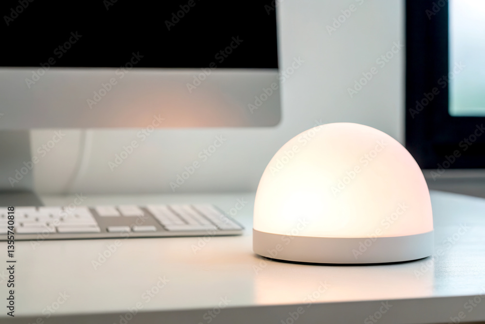 Aufkleber wellness at work concept. modern desk lamp illuminating a workspace beside a computer monitor and ke