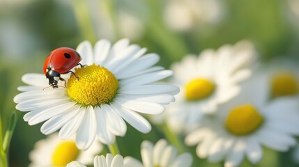 Obraz premium Close-Up A ladybug resting on a white daisy in a field of daisies, with shallow depth of field, soft focus, vibrant greens, and a delicate, natural floral aesthetic
