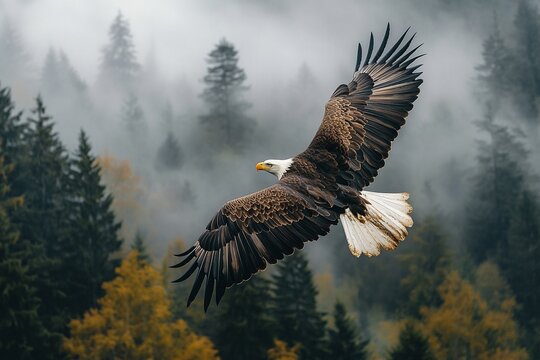 Majestic bald eagle in flight, wings spread wide against a misty forest backdrop. A breathtaking display of power and grace. - Powered by Adobe