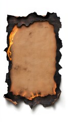 Burnt parchment with charred edges and dancing flames against a pristine white backdrop. Evokes history.