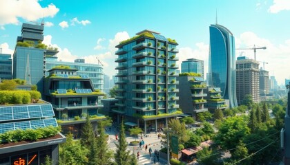Sustainable City Buildings with Green Roofs and Solar Panels Under Clear Blue Sky