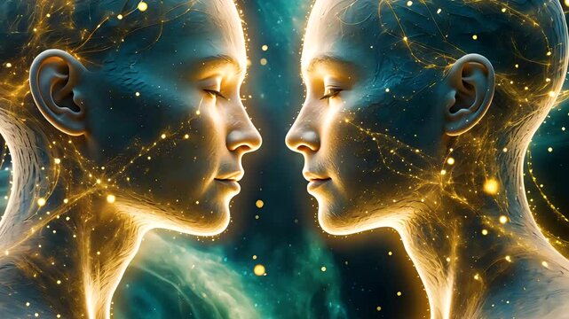 Two glowing digital human faces mirroring each other in a cosmic space background