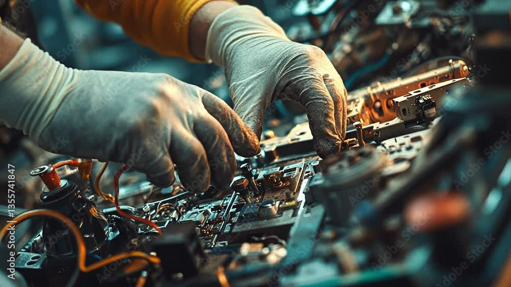 Poster precision assembly: a skilled technician meticulously works on a complex circuit board with gloved h