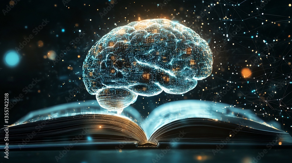 Poster open book with a digital brain above symbolizing knowledge and intellectual growth on a dark backgro