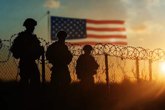 Silhouetted Figures of Soldiers Against Barbed Wire Fence with US Flag Background Depicting National Border Security. memorial day concept