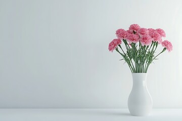 Obraz premium Pink carnations in a white vase against a plain white background, perfect for decor