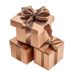 three elegantly wrapped gift boxes in a soft rose gold color adorned with shiny bows suggesting celebration and gifting occasions
