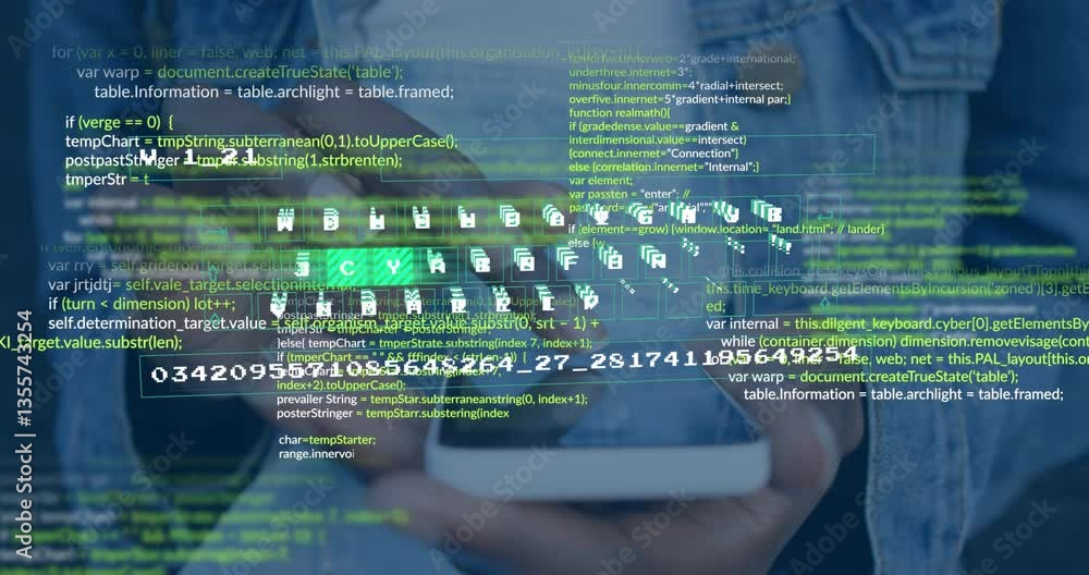 Poster digital code and keyboard animation over person using smartphone and laptop