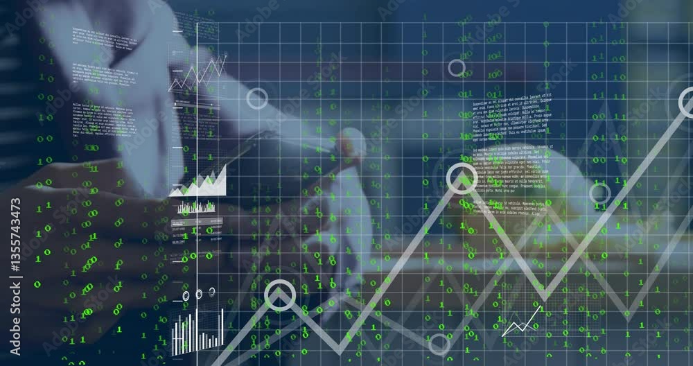 Poster person using smartphone with financial data and binary code overlay animation