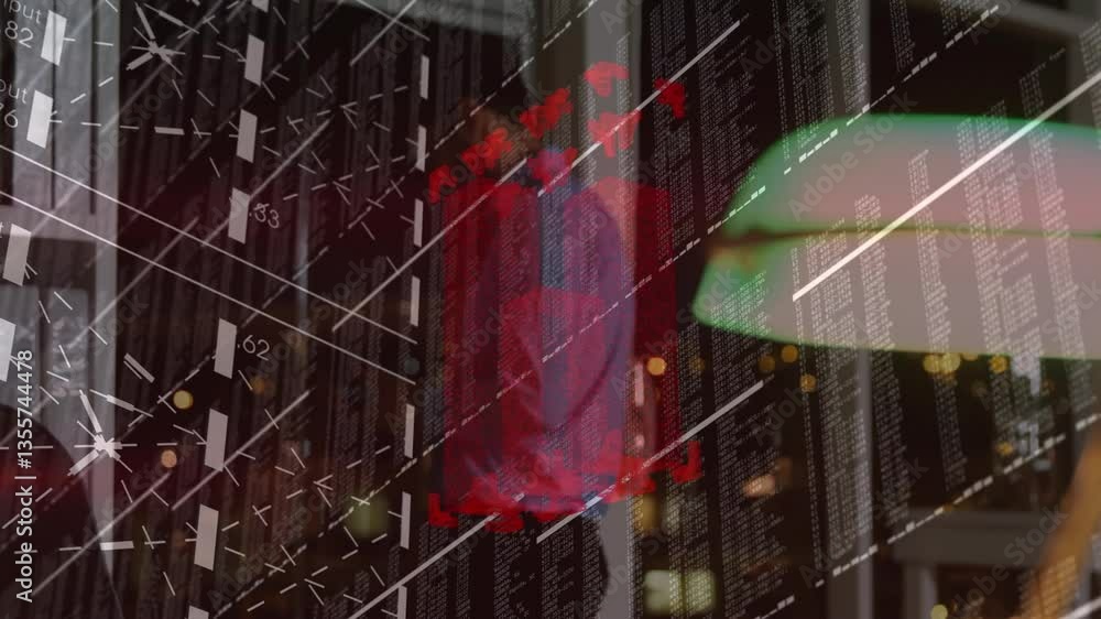 Poster overlaying animation of digital data and geometric patterns on urban night scene