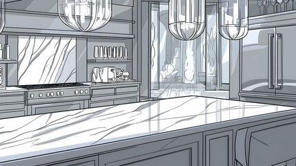 Fototapeta premium Modern kitchen island design, open plan, marble countertop, garden view