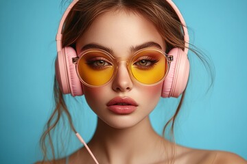 Young woman with headphones and yellow-tinted sunglasses against a vibrant blue background.  A stylish and trendy portrait.