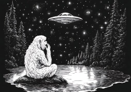 Bigfoot with UFO, Night, and Forest Lake.