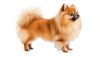 Obraz premium a fluffy pomeranian dog stands gracefully showcasing its vibrant orange coat and playful demeanor. breed's charming features and friendly personality