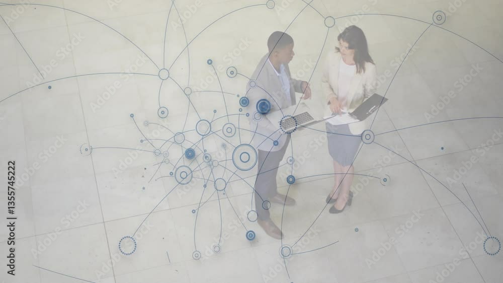 Aufkleber discussing business, professionals with network connections and data processing animation