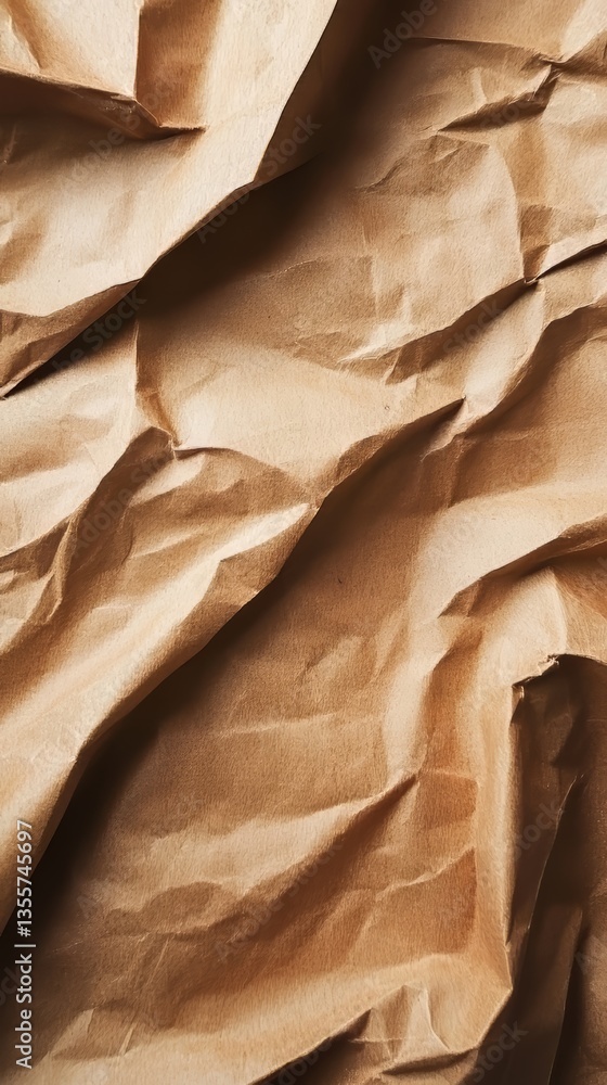 Poster wrinkled surface of rough light brown paper, displaying creases and folds with textural complexity.